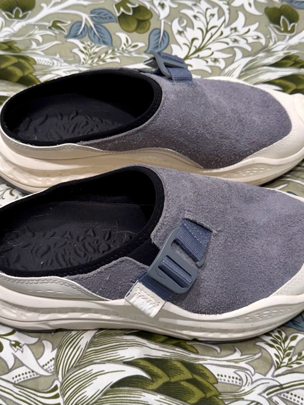 Hoka Women's Gray Suede Slip-On Mules with White Sole